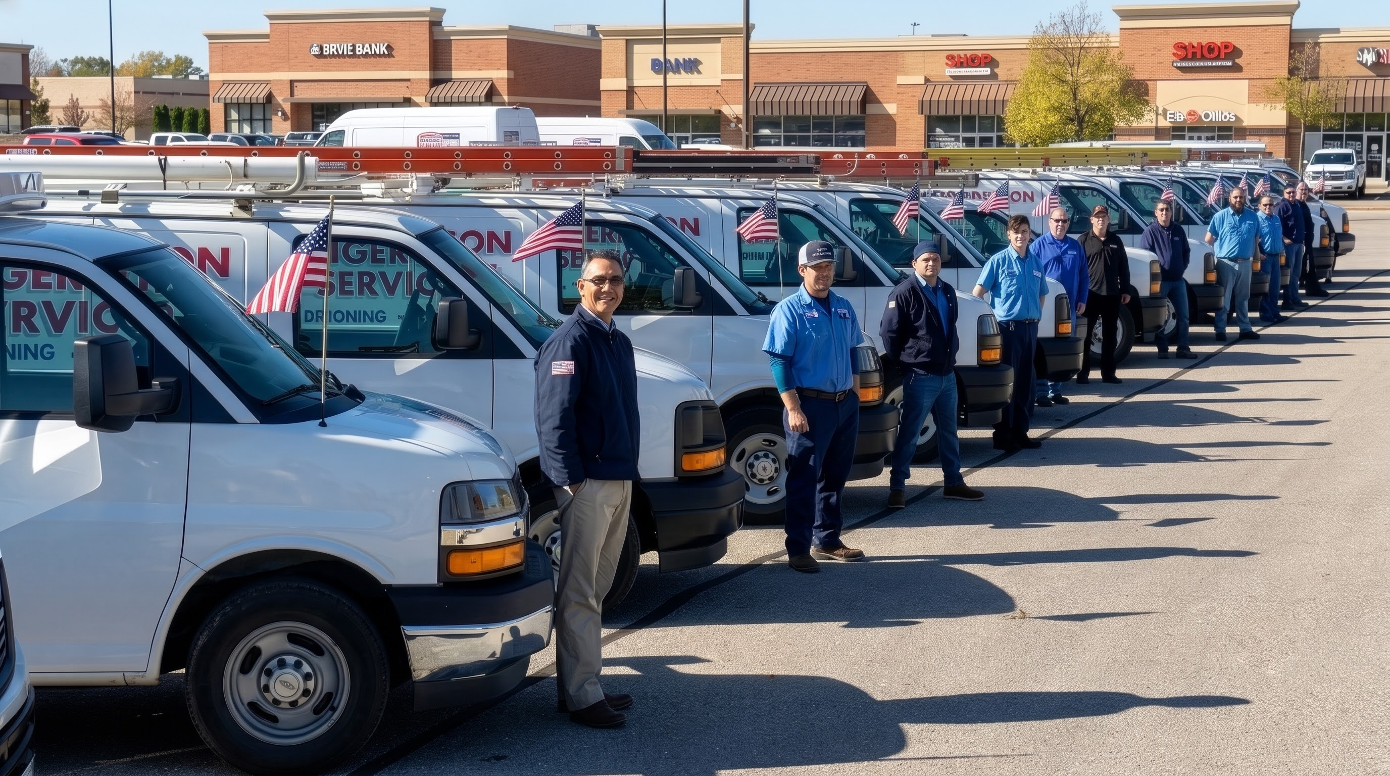 Valley Commercial Service technicians standing beside the company's fleet of service vans