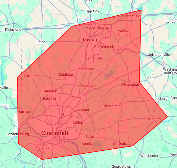 Valley Commercial Service area map covering Cincinnati, Northern Kentucky, Southeast Indiana and Dayton